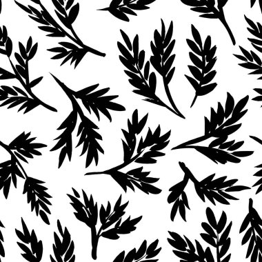 Küçük yapraklı siyah dallar vektörsüz desenli. Tropikal eğreltiotu yapraklarıyla botanik arkaplan. Tropik bitki süsü. Çeşitli siyah siluet dalları. El çizimi çiçek motifi