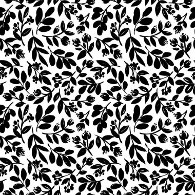 Kusursuz çayır bitki vektör deseni. El yapımı fırça boyalı dallar. Siyah botanik süsü. Yaprakları ve küçük çiçekleri olan çeşitli siluet dalları. Kalın yapraklı pürüzsüz arkaplan.