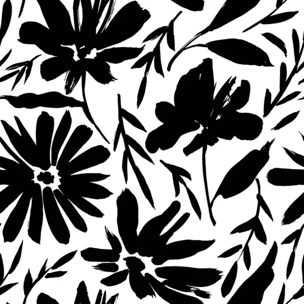 Wild Flowers Silhouettes Vector Seamless Pattern Camomile Daisy Painted Brush — Archivo Imágenes Vectoriales