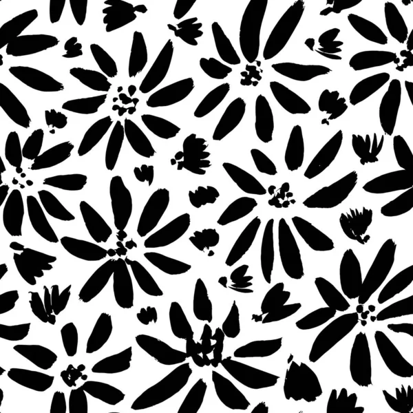 Seamless Vector Pattern Simple Flowers Black Brush Botanical Elements Decorative — Archivo Imágenes Vectoriales