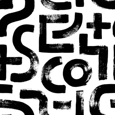 Soyut geometrik şekiller kusursuz desenler. Siyah fırça darbeleriyle geometrik kompozisyon. Memphis tasarım elementleri, basit şekiller ve figürler. Modern soyut duvar kağıdı. Çember, çapraz, eğri çizgiler