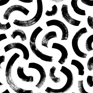 Grunge, siyah daireli vektörlerin yarıya indirgenmiş şekli. Elle çizilmiş fırça darbeleri süsü. Tekrar eden geometrik fayanslar. Memphis tarzında soyut geometrik arkaplan. Siyah ve beyaz yuvarlak şekiller.