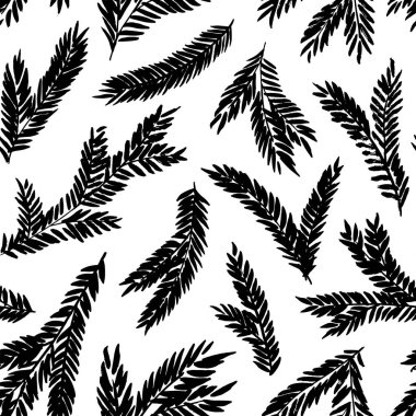Siyah ladin dalları vektörsüz desen oluşturur. Botanik Noel 'inde köknar ağacı dalları kullanılıyor. Yaprak süsü. Kırsal tarzda eski el çizimi desen. Siyah fırça boyalı siluet