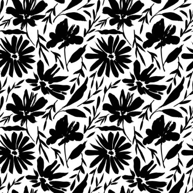 Vahşi çiçeklerin siluetleri vektörsüz desen oluşturuyor. Fırçayla boyanmış papatya veya papatya. Yapraklı küçük dallar, çiçekli saplar. Soyut bitki motifi. Çiçek desenli siyah fırça.