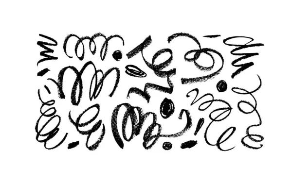 Black Swirled Charcoal Lines Dots Collection Scribble Thin Curly Brush — Vettoriale Stock