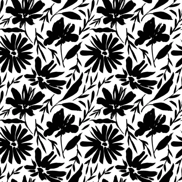 Wild Flowers Silhouettes Vector Seamless Pattern Camomile Daisy Painted Brush — Stockvektor