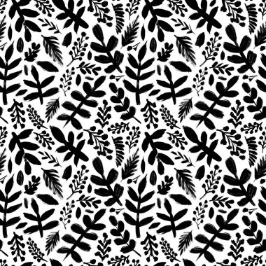 Spruce, vektörsüz desen oluşturur. El yapımı çalı köknar ağacı dalları boyadı. Çeşitli siluet yaprakları ve küçük böğürtlenlerle doludur. Mürekkep bitkisi çizimleri. Botanik kusursuz arkaplan