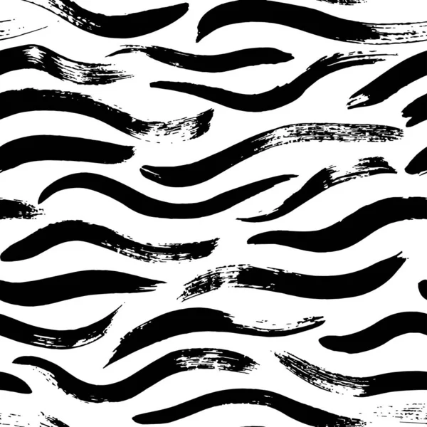 Seamless Pattern Horizontal Grunge Waves Black Curved Small Lines Ornament — Stockvector