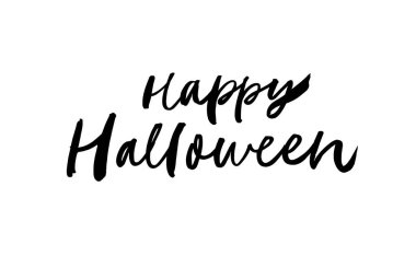 Mutlu Cadılar Bayramı elleri siyah harflerle çizildi. Modern fırça stili vektör hat sanatı. Mutlu Cadılar Bayramı yazılı afişleri. Siyah mürekkep çizimi beyaz arkaplanda izole edilmiş. Poster, tebrik kartı, davetiye