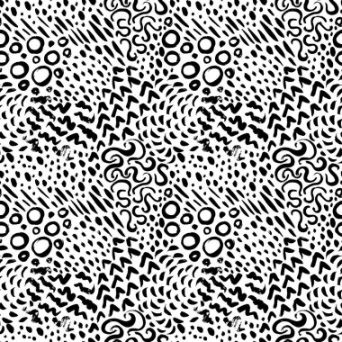 Doodle stili vektör pürüzsüz desen. Kıvrımlı çizgiler, noktalar, daireler ve çizgiler ile yaratıcı basit sanat arka planı. Elle çizilmiş siyah mürekkep izleri. Moda monokrom fırça izleri.