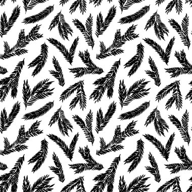 Siyah ladin dalları vektörsüz desen oluşturur. Botanik Noel 'inde köknar ağacı dalları kullanılıyor. Yaprak süsü. Kırsal tarzda eski el çizimi desen. Siyah fırça boyalı siluet