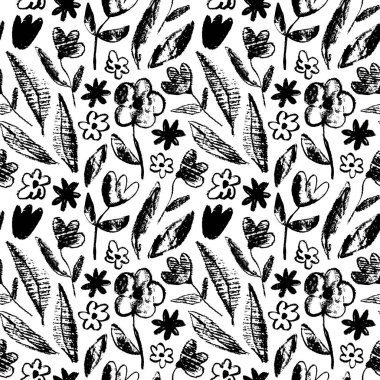 Vector seamless pattern with black flower imprints. Botanical grunge ornament with floral motif. Monochrome pattern of abstract meadow flowers with stems. Grunge dry charcoal texture