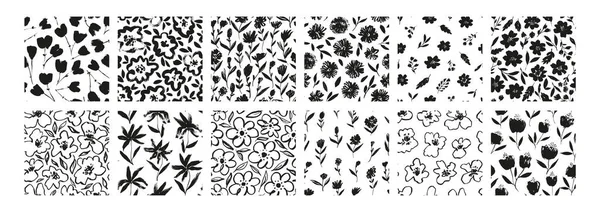 Set Seamless Patterns Flowers Hand Drawn Monochrome Floral Motives Vector — 스톡 벡터