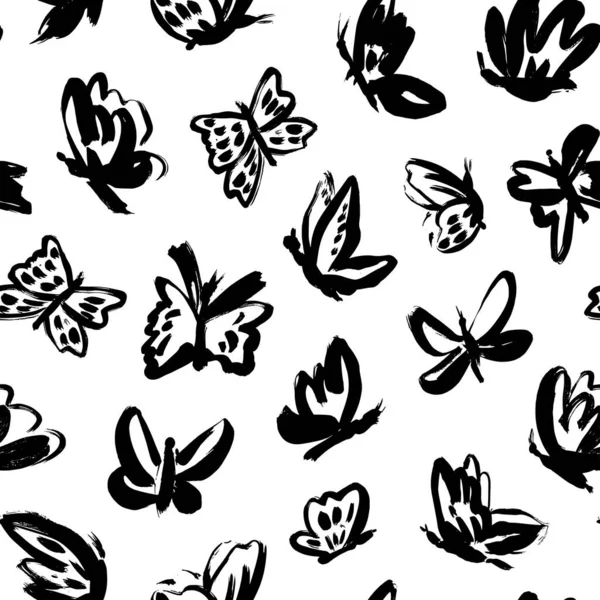 Black Butterflies Vector Seamless Pattern Hand Drawn Modern Ink Graphic — Stock Vector