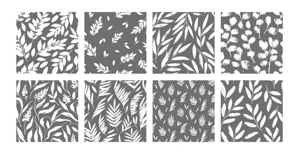 Collection Botanical Seamless Patterns Branches Leaves Hand Drawn Black White — Vetor de Stock