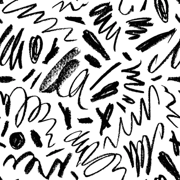 Black Swirl Charcoal Strokes Vector Seamless Pattern Hand Drawn Expressive — Διανυσματικό Αρχείο