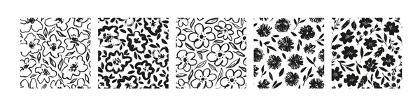 Collection Black Brush Flowers Seamless Patterns Hand Drawn Monochrome Floral — 스톡 벡터