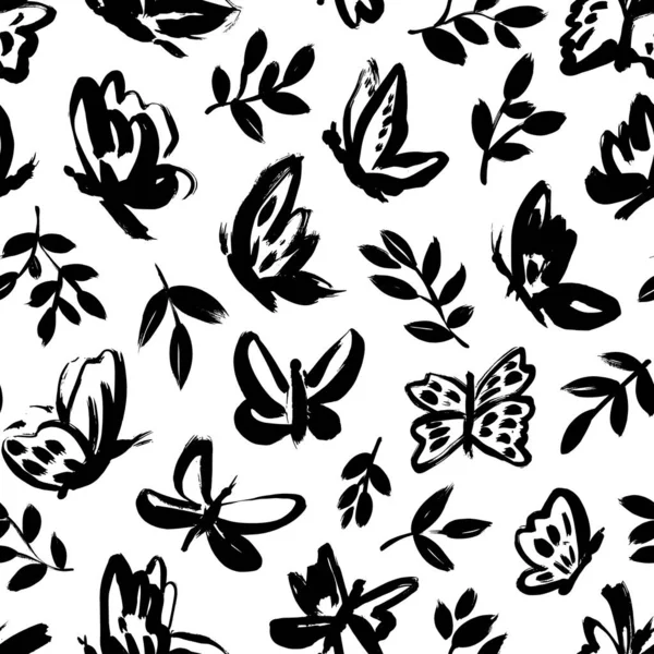 Hand Drawn Different Butterflies Seamless Pattern Black White Vector Ornament — Stock Vector