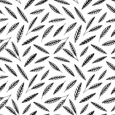 Seamless stylized leaf pattern. Hand drawn outline leaves with veins. Elegant twigs and sprigs. Monochrome nature ornament for fabric, wrapping and textile. Simple Scandinavian doodle style.