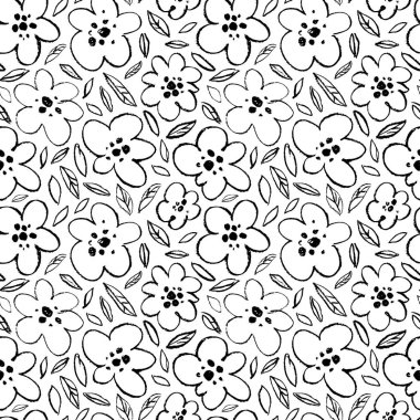 Basit çizgili çiçekli kusursuz vektör deseni. Kömür ya da kalem çizimi. Yapraklar ve yapraklarla süslenmiş el yapımı botanik süsü. Güller, şakayıklar, papatya çiçekleri