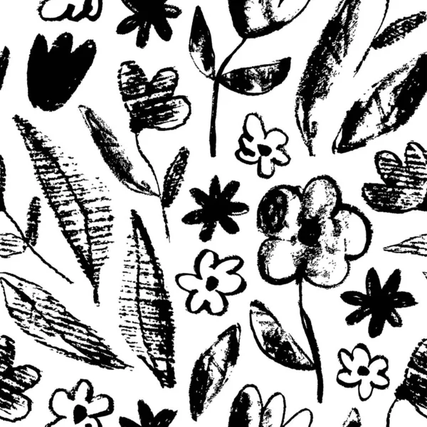 Vector Seamless Pattern Black Flower Imprints Botanical Grunge Ornament Floral — Stock Vector