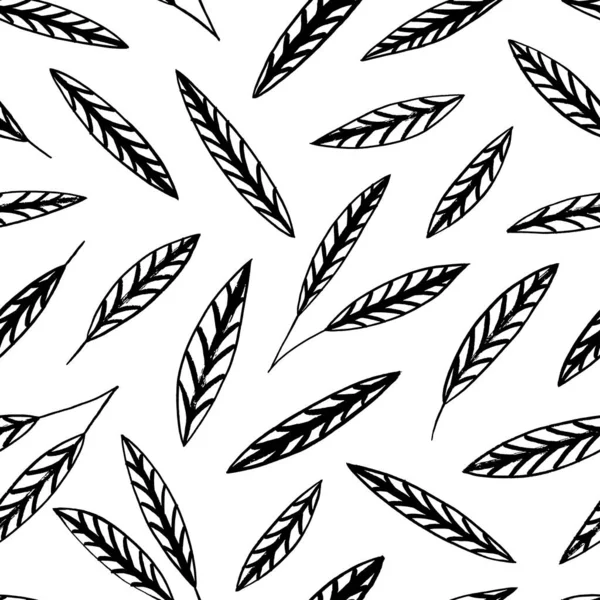 Seamless Stylized Leaf Pattern Hand Drawn Outline Leaves Veins Elegant — Vetor de Stock