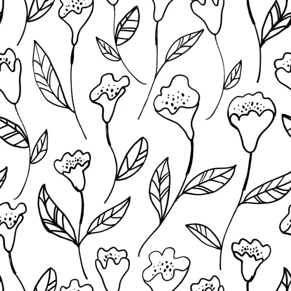 Seamless Pattern Doodle Style Elegant Flowers Thin Black Lines Minimal — Image vectorielle