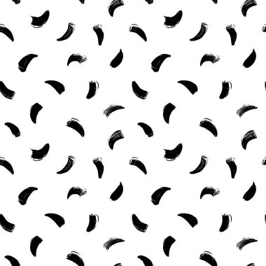Memphis style background with small dashes. Retro black and white texture with curved lines. Hand drawn doodle seamless pattern. Simple black vector ornament for fabric, textile, print, design.