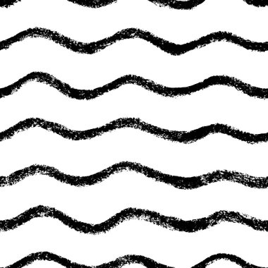 Seamless pattern with grunge charcoal waves. Black curved thin and bold lines ornament. Abstract background with wavy brush strokes. Black and white simple texture. Ornament for wrapping paper.