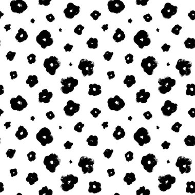 Seamless floral pattern in vector. Black and white small simple flowers. Floral wrapping paper, textile vector fill. Silhouettes of chamomile or daisy painted by brush. Brush stroke botanical pattern.
