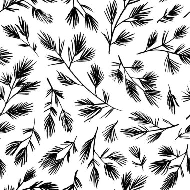 Seamless pattern with spruce and pine tree branches. Winter Christmas branches, hand drawn twigs. Christmas and New Year decoration. Botanical holiday ornament, nature print. Black and white twigs.