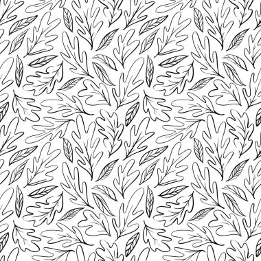 Hand drawn oak leaf seamless pattern. Vector background with autumn leaves in simple brush style. Outlined black leaves pattern. Black contour on white background. Perfect for wallpaper, gift paper