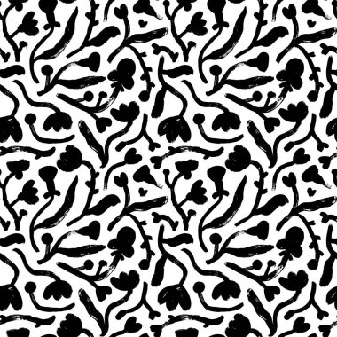 Seamless pattern with abstract herbs and simple flowers. Hand drawn black vector ornament with meadow flowers, small stems, leaves. Modern exotic design for wrapping paper, wallpaper, textile