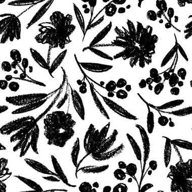 Seamless pattern with charcoal flowers and berry branches. Hand drawn black and white pattern of abstract flowers. Floral wrapping paper, textile vector fill. Chamomile, peony, chrysanthemums blooming