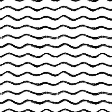 Thin wavy doodle lines seamless pattern. Hand drawn simple charcoal waves. Curved horizontal stripes. Template for prints, wrapping paper, fabrics, posters. Curly grunge black paint vector lines