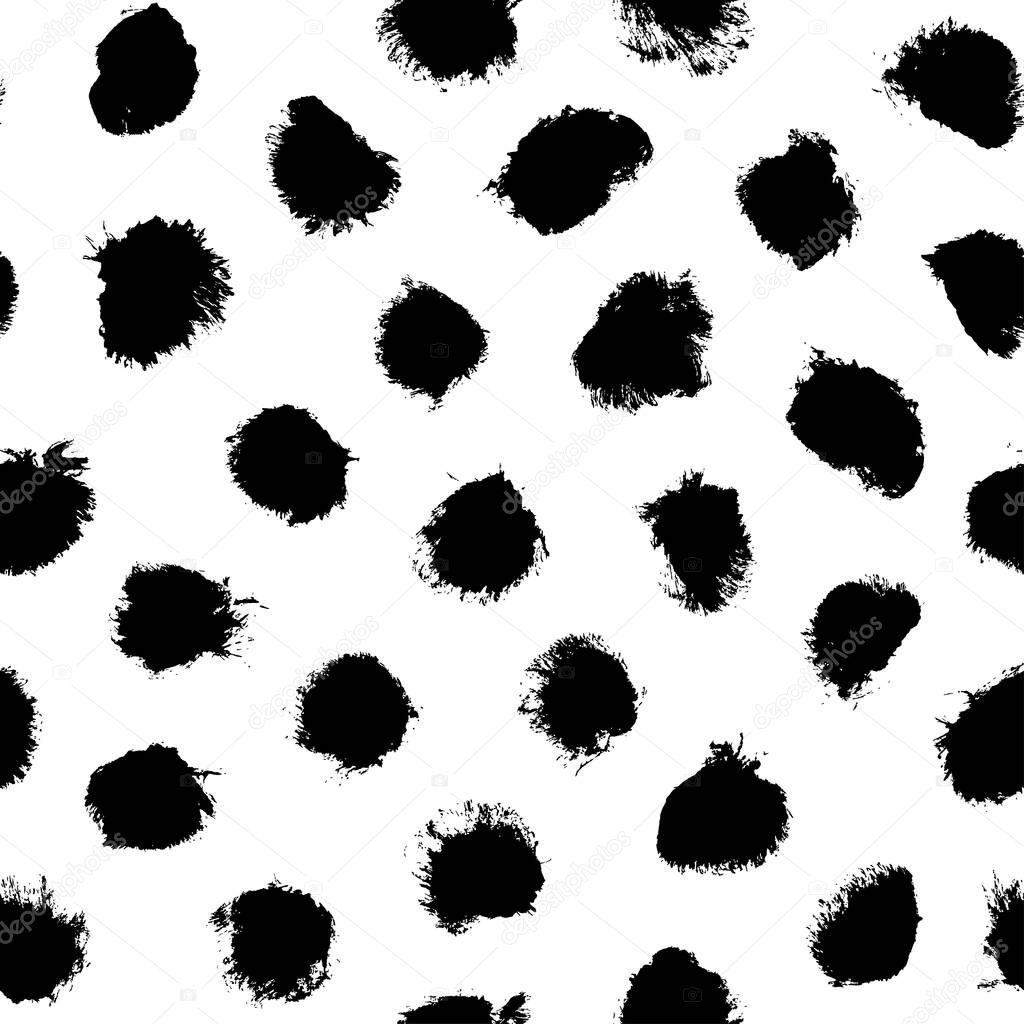Grunge spots hand drawn vector seamless pattern. Black paint dry brush splodges, blotches background. Black dots, uneven specks and blobs texture. Wallpaper, paper, fabric, textile design.