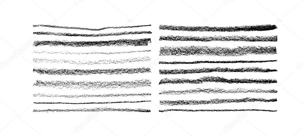 Thin and thick straight charcoal lines set. Hand drawn vector charcoal pencil lines isolated on white background. Black pencil simple drawing. Set of chalk strokes, banners and separators.