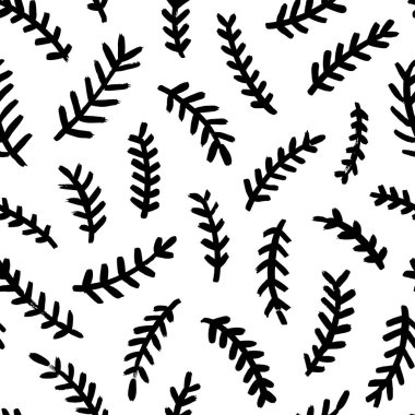 Fir tree branch seamless pattern. Hand drawn winter background with simple spruce branches in naive art style. Vector black holiday symbols. Winter plants for Christmas decoration, wrapping paper.
