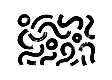 Bold wavy brush strokes and circles collection. Modern geometrical shapes and black curved wide lines. Grunge design elements isolated on white background. Hand drawn vector black wavy smears