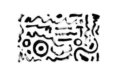 Black paint curved brush strokes and dits vector collection. Hand drawn doodle style elements. Calligraphy smears, lines and dots isolated on white background. Black curved brush strokes