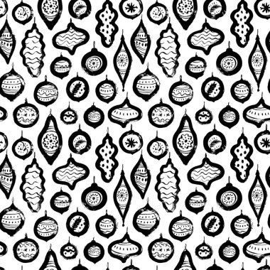 Seamless pattern with Christmas toys and fir tree balls. Hand-drawn sketch style traditional New Year toys. Black Christmas baubles and accessories. Vector ornament with bold brush strokes elements.