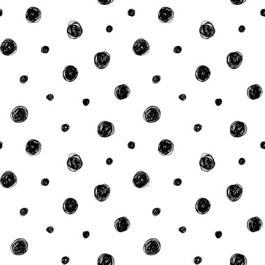 Doodle small circles seamless pattern. Vector simple geometric ornament. Polka dot grunge texture. Hand drawn black and white modern wallpaper. Brush smear stains seamless pattern