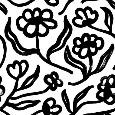 Flower geometric seamless pattern. Hand drawn black vector flowers in modern naive style. Chamomile and daisy stems. Ornament for fabric, wallpaper. Decorative retro print. Bold lines and brushstrokes