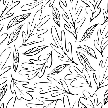 Hand drawn oak leaf seamless pattern. Vector background with autumn leaves in simple brush style. Outlined black leaves pattern. Black contour on white background. Perfect for wallpaper, gift paper