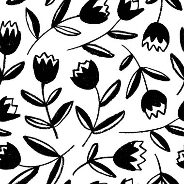 Spring and Easter flowers seamless pattern. Hand-drawn black tulips with buds silhouettes. Abstract geometric retro flowers and leaves. Naive simple stylized style, cute floral motif. Vector ornament.
