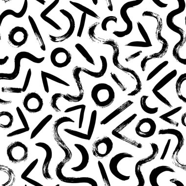 Basit geometrik şekiller vektörsüz desen. Organik grunge çizgileri, üçgenler ve daireler. Biyolojik motif, Memphis süsü. Soyut süs. Siyah boya basit fırça darbeleri..