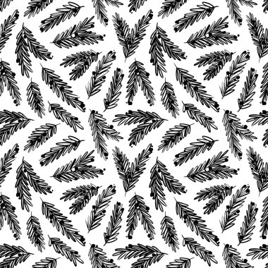 Seamless pattern with pine branches and Christmas balls. Hand-drawn black vector botanical ornament. Beautiful Christmas or winter design elements. Simple spruce branches in naive art style.