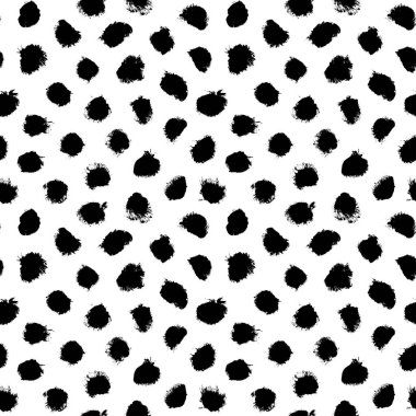 Grunge spots hand drawn vector seamless pattern. Black paint dry brush splodges, blotches background. Black dots, uneven specks and blobs texture. Wallpaper, paper, fabric, textile design.