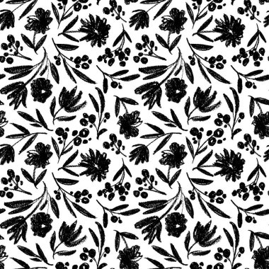 Seamless pattern with charcoal flowers and berry branches. Hand drawn black and white pattern of abstract flowers. Floral wrapping paper, textile vector fill. Chamomile, peony, chrysanthemums blooming