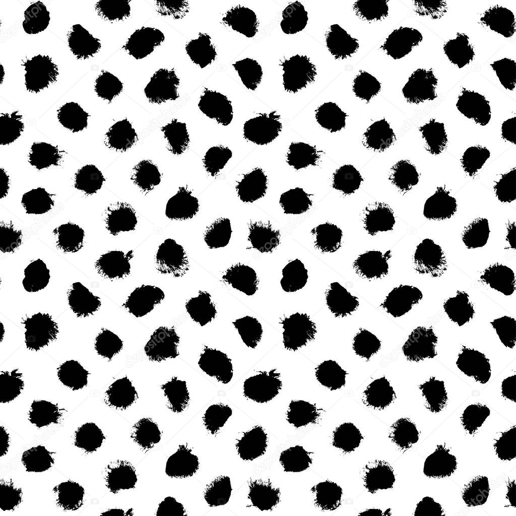 Grunge spots hand drawn vector seamless pattern. Black paint dry brush splodges, blotches background. Black dots, uneven specks and blobs texture. Wallpaper, paper, fabric, textile design.